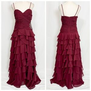 Vintage Y2K Burgundy Prom Dress with Ruffle Skirt